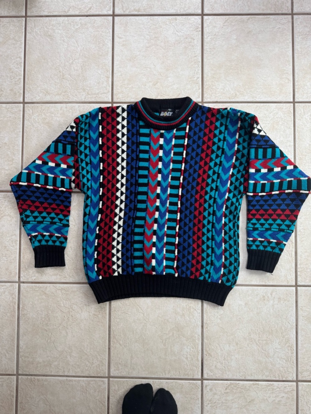 Multicolor Patterned Crewneck Sweater - Blue/Teal/Red Vintage